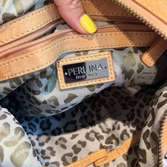 Perlina Womens Brown Leather Shoulder Handbag Zip Pockets Striped Side Design - Picture 11 of 14